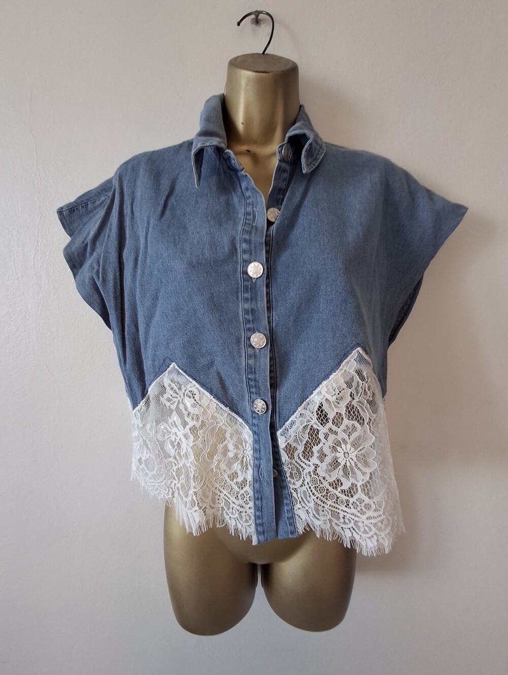 Denim Lace-Trim Button-Up Top - Blue